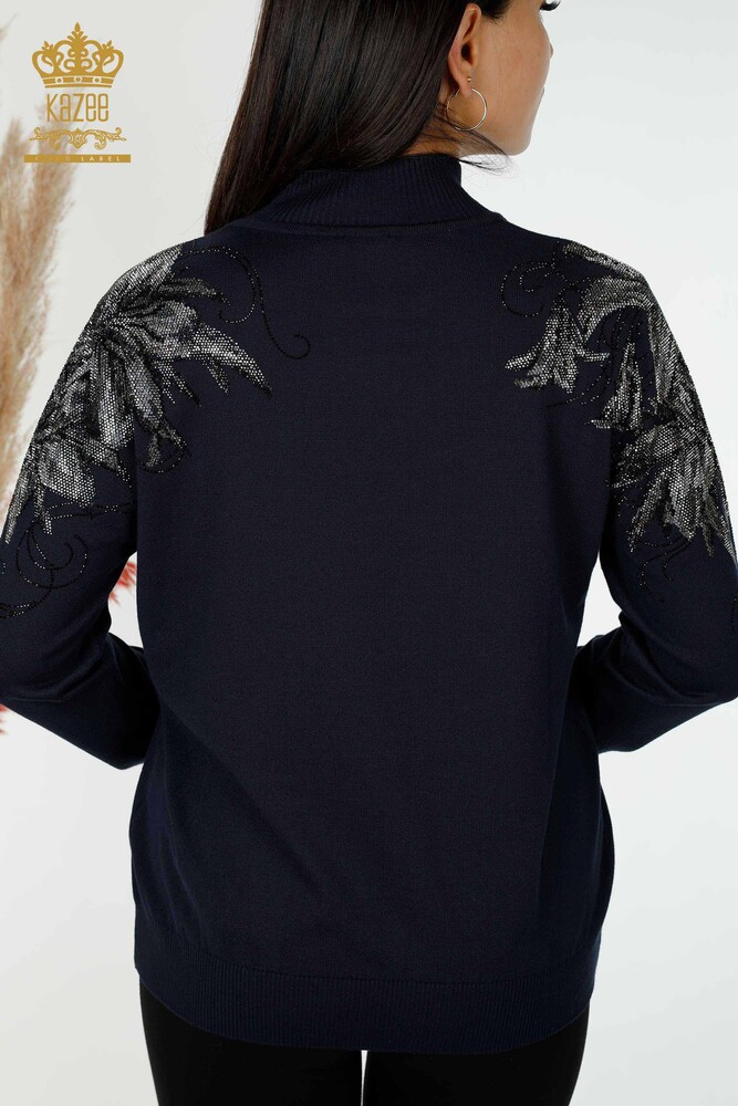 Wholesale Women's Knitwear Sweater Shoulder Floral Detailed Navy Blue - 16597 | KAZEE - 7