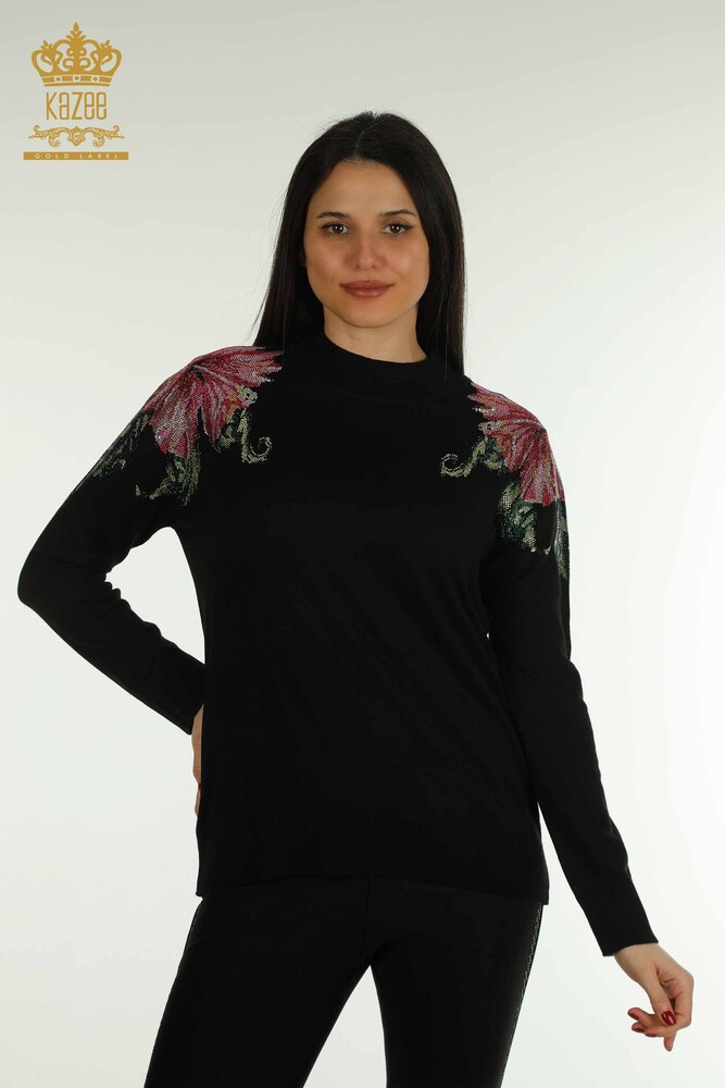 Wholesale Women's Knitwear Sweater Shoulder Flower Detailed Black - 30542 | KAZEE - 1