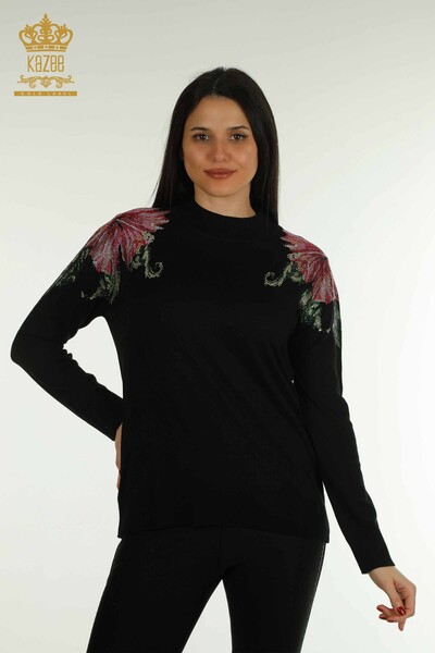 Wholesale Women's Knitwear Sweater Shoulder Flower Detailed Black - 30542 | KAZEE 