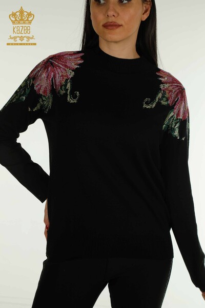 Wholesale Women's Knitwear Sweater Shoulder Flower Detailed Black - 30542 | KAZEE - 2