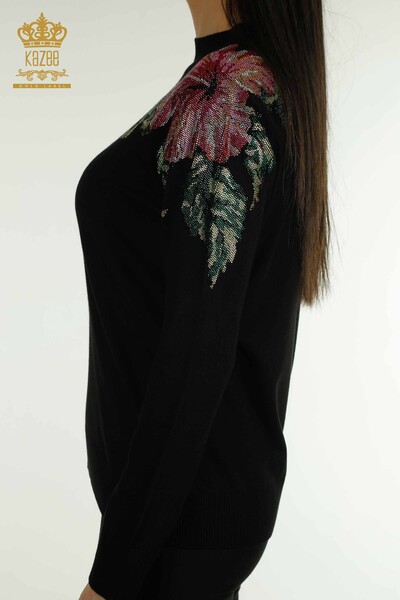 Wholesale Women's Knitwear Sweater Shoulder Flower Detailed Black - 30542 | KAZEE - 5