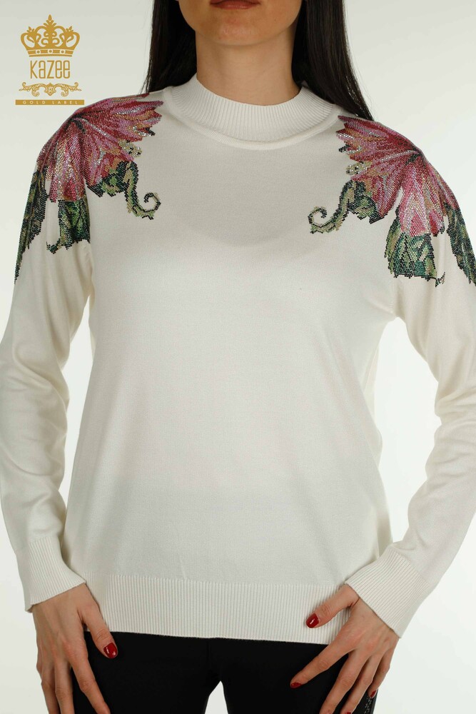 Wholesale Women's Knitwear Sweater Shoulder Flower Detailed Ecru - 30542 | KAZEE - 2