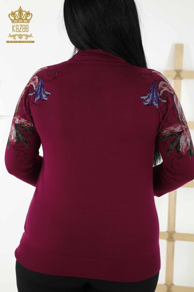 Wholesale Women's Knitwear Sweater - Shoulder Flower Detailed - Purple - 30007 | KAZEE - 7