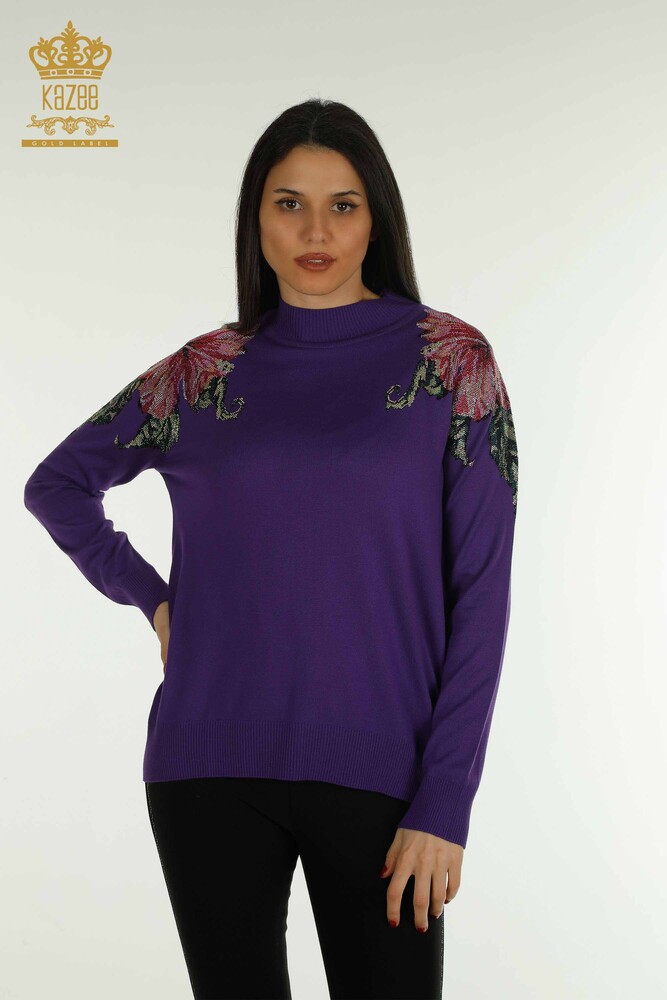 Wholesale Women's Knitwear Sweater Shoulder Flower Detailed Purple - 30542 | KAZEE - 1