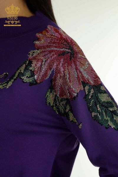 Wholesale Women's Knitwear Sweater Shoulder Flower Detailed Purple - 30542 | KAZEE - 4