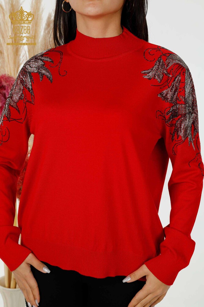 Wholesale Women's Knitwear Sweater Shoulder Flower Detailed Red - 16597 | KAZEE - 2