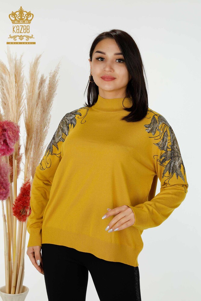 Wholesale Women's Knitwear Sweater Shoulder Floral Detailed Saffron - 16597 | KAZEE - 1