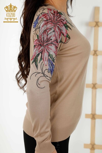 Wholesale Women's Knitwear Sweater - Shoulder Floral Embroidery Beige - 30188 | KAZEE - 4