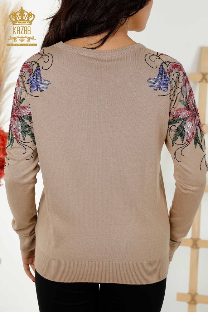 Wholesale Women's Knitwear Sweater - Shoulder Floral Embroidery Beige - 30188 | KAZEE - 6