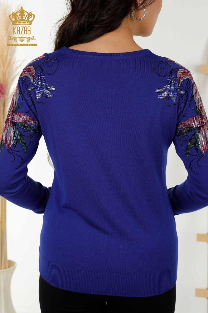 Wholesale Women's Knitwear Sweater Floral Embroidery on Shoulder Dark Blue - 30188 | KAZEE - 6