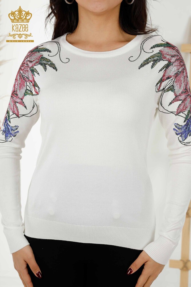 Wholesale Women's Knitwear Sweater Shoulder Floral Embroidery on Ecru - 30188 | KAZEE - 2