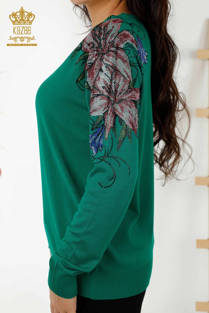 Wholesale Women's Knitwear Sweater Floral Embroidery on Shoulder Green - 30188 | KAZEE - 4