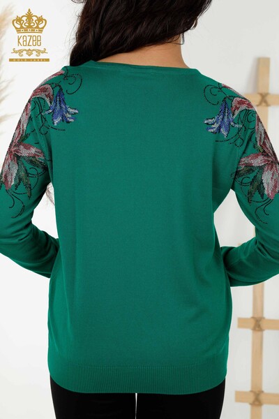 Wholesale Women's Knitwear Sweater Floral Embroidery on Shoulder Green - 30188 | KAZEE - 6