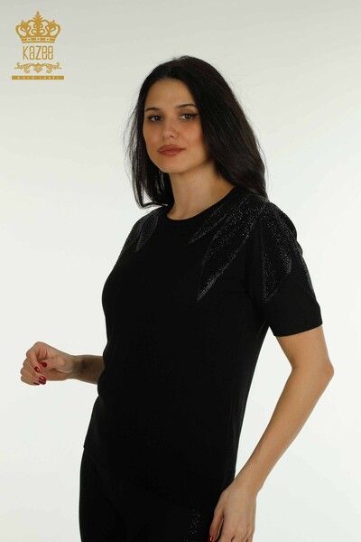 Wholesale Women's Knitwear Sweater Shoulder Stone Embroidered Black - 30792 | KAZEE - Kazee