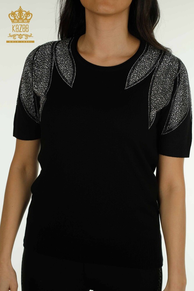 Wholesale Women's Knitwear Sweater Shoulder Stone Embroidered Black-White - 30792 | KAZEE - 2