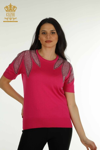 Wholesale Women's Knitwear Sweater Shoulder Stone Embroidered Fuchsia - 30792 | KAZEE 