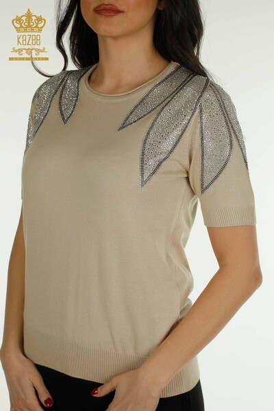 Wholesale Women's Knitwear Sweater Shoulder Stone Embroidered Light Beige - 30792 | KAZEE - 2