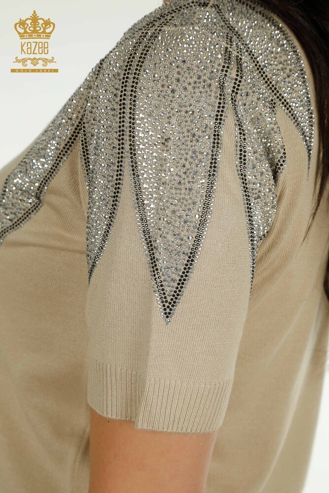 Wholesale Women's Knitwear Sweater Shoulder Stone Embroidered Light Beige - 30792 | KAZEE - 6