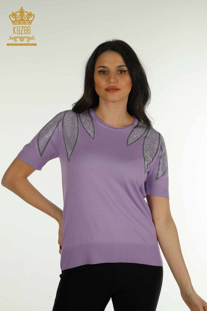 Wholesale Women's Knitwear Sweater Shoulder Stone Embroidered Lilac - 30792 | KAZEE - 1