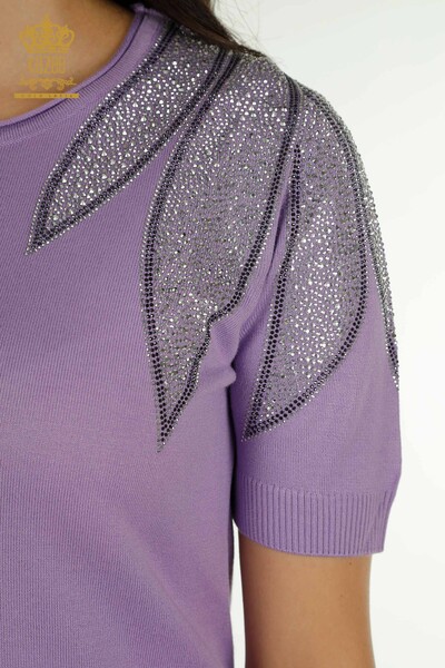 Wholesale Women's Knitwear Sweater Shoulder Stone Embroidered Lilac - 30792 | KAZEE - 3