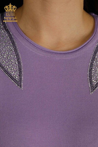 Wholesale Women's Knitwear Sweater Shoulder Stone Embroidered Lilac - 30792 | KAZEE - 4