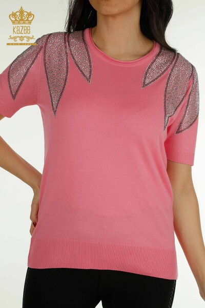 Wholesale Women's Knitwear Sweater Shoulder Stone Embroidered Pink - 30792 | KAZEE - 2