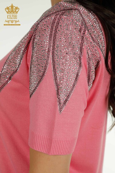 Wholesale Women's Knitwear Sweater Shoulder Stone Embroidered Pink - 30792 | KAZEE - 6