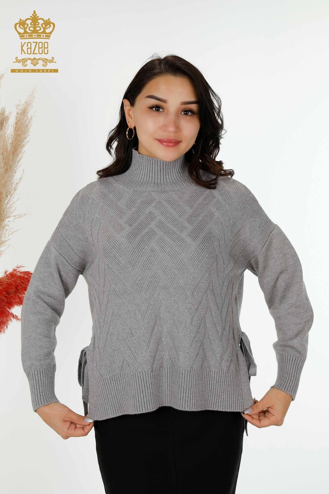 Wholesale Women's Knitwear Sweater Side Tie-tied Patterned Gray - 30000 | KAZEE - 1