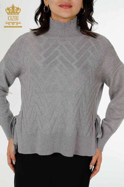 Wholesale Women's Knitwear Sweater Side Tie-tied Patterned Gray - 30000 | KAZEE - 2