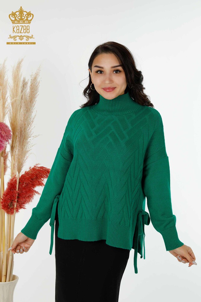 Wholesale Women's Knitwear Sweater Side Tie Patterned Green - 30000 | KAZEE - 1