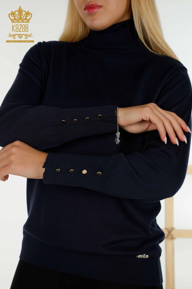 Wholesale Women's Knitwear Sweater with Sleeve Button Detail Navy Blue - 30506 | KAZEE - 2