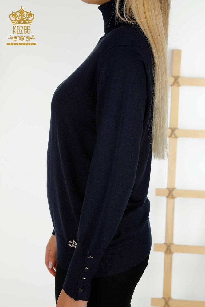 Wholesale Women's Knitwear Sweater with Sleeve Button Detail Navy Blue - 30506 | KAZEE - 6