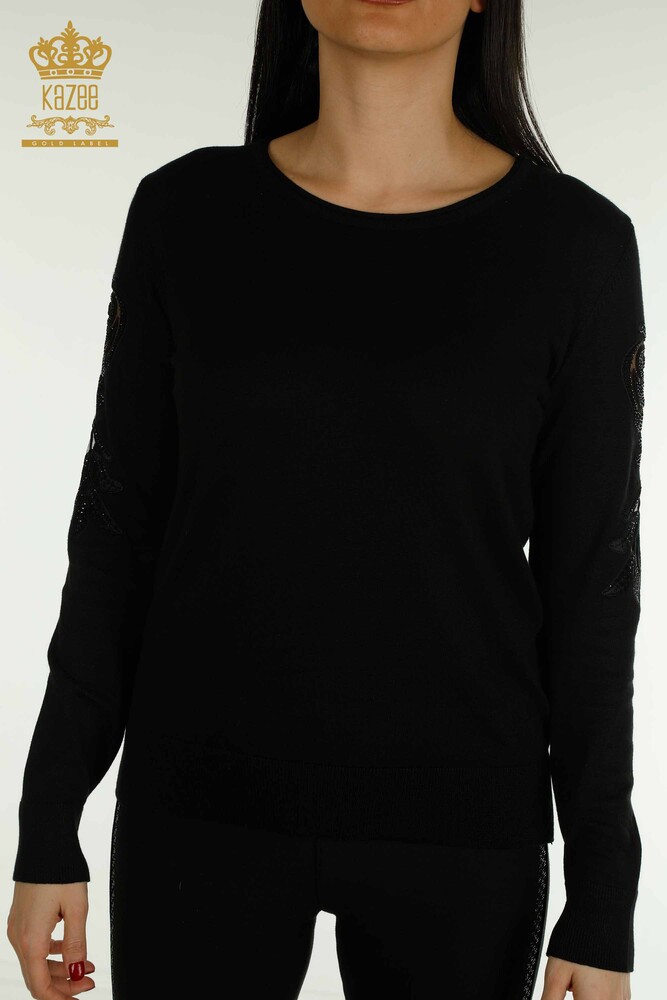 Wholesale Women's Knitwear Sweater Sleeve Rose Detailed Black - 15374 | KAZEE - 2