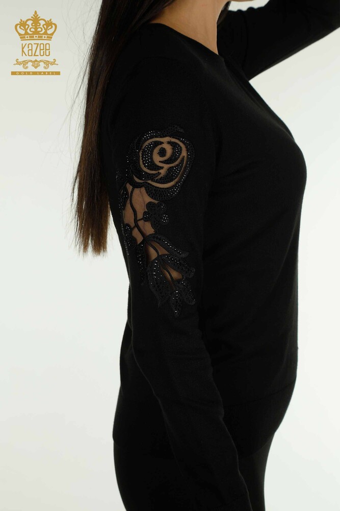 Wholesale Women's Knitwear Sweater Sleeve Rose Detailed Black - 15374 | KAZEE - 6