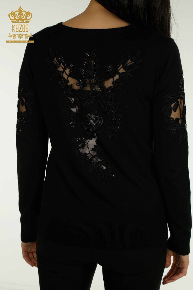 Wholesale Women's Knitwear Sweater Sleeve Rose Detailed Black - 15374 | KAZEE - 8