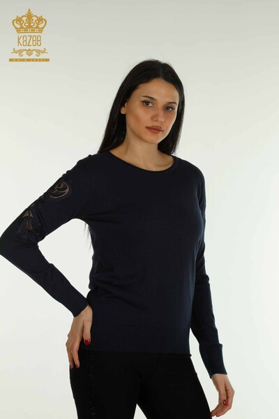 Wholesale Women's Knitwear Sweater Sleeve with Rose Detail Navy Blue - 15374 | KAZEE 