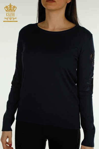 Wholesale Women's Knitwear Sweater Sleeve with Rose Detail Navy Blue - 15374 | KAZEE - 2