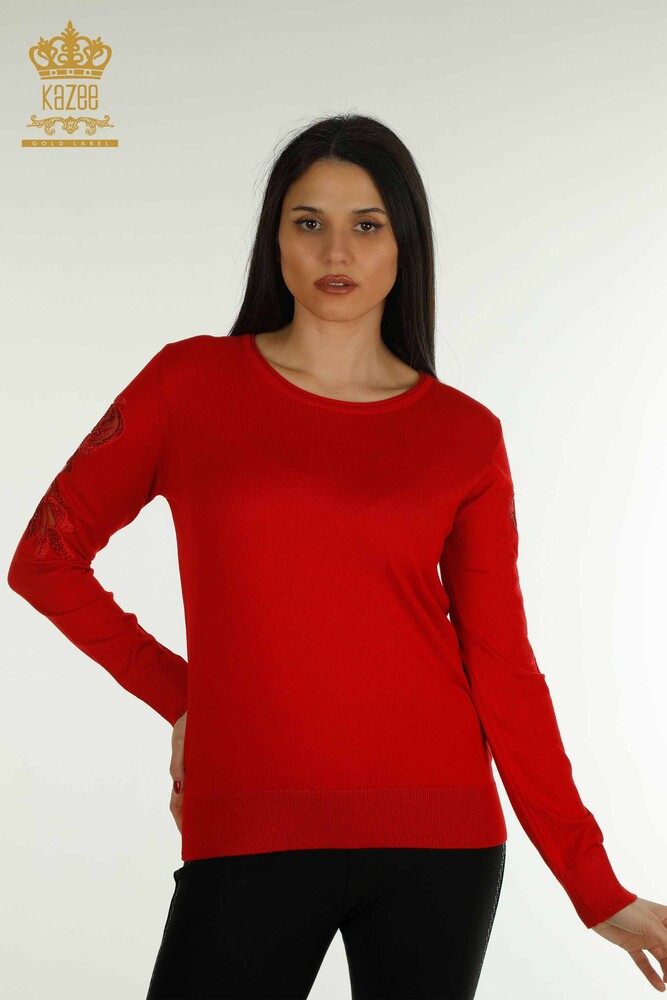 Wholesale Women's Knitwear Sweater Sleeve Red with Rose Detail - 15374 | KAZEE - 1