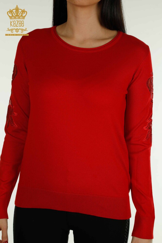 Wholesale Women's Knitwear Sweater Sleeve Red with Rose Detail - 15374 | KAZEE - 2