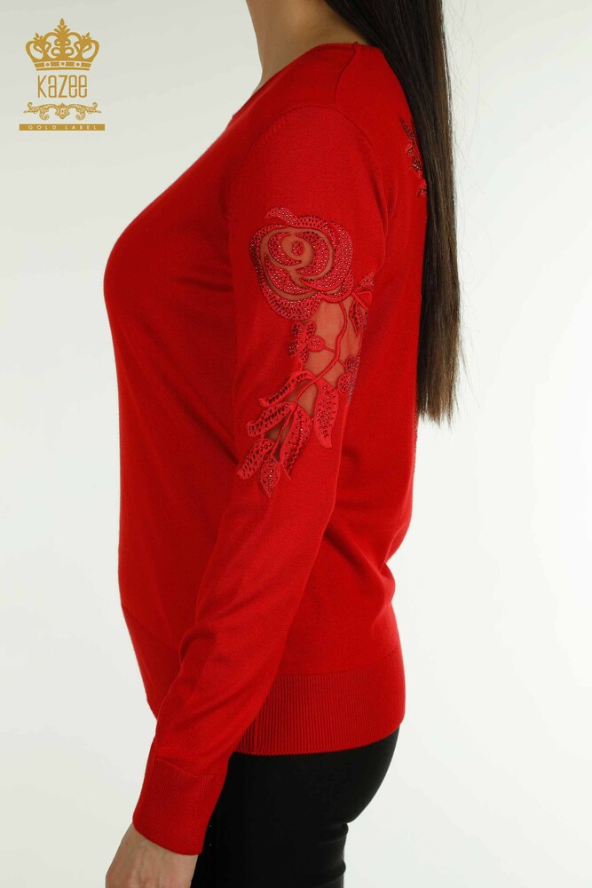 Wholesale Women's Knitwear Sweater Sleeve Red with Rose Detail - 15374 | KAZEE - 4