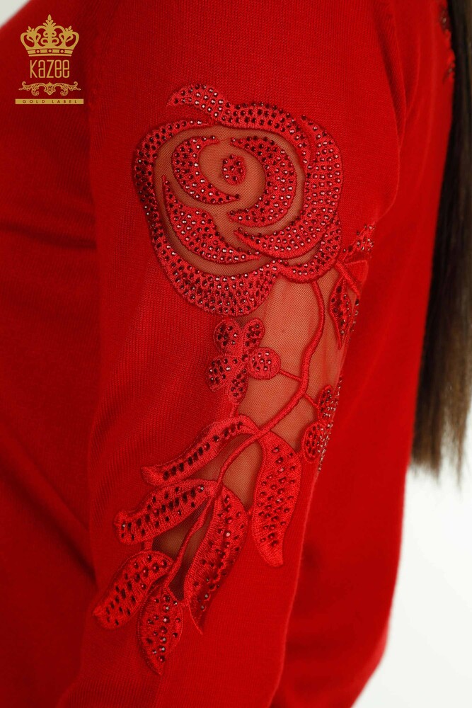 Wholesale Women's Knitwear Sweater Sleeve Red with Rose Detail - 15374 | KAZEE - 5