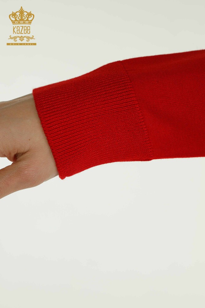 Wholesale Women's Knitwear Sweater Sleeve Red with Rose Detail - 15374 | KAZEE - 6