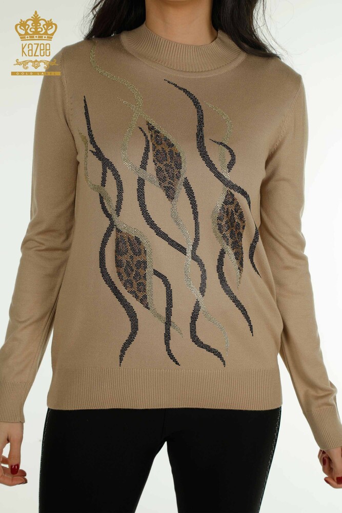 Wholesale Women's Knitwear Sweater Stone Embroidered Beige - 30096 | KAZEE - 2