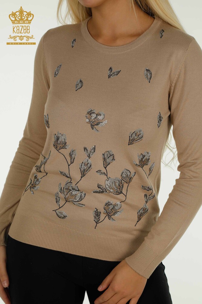 Wholesale Women's Knitwear Sweater Stone Embroidered Beige - 30471 | KAZEE - 2