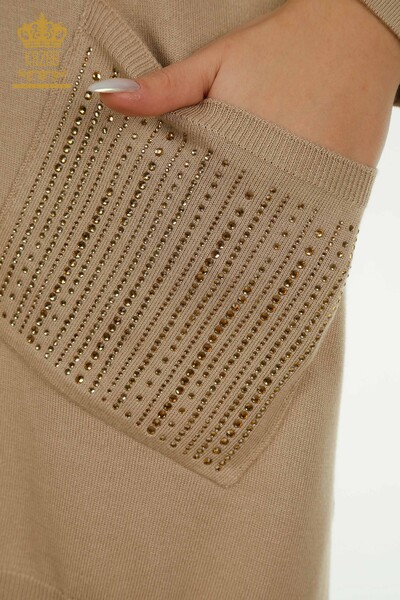 Wholesale Women's Knitwear Sweater Stone Embroidered Beige - 30623 | KAZEE - 5