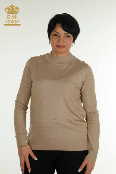 Wholesale Women's Knitwear Sweater Stone Embroidered Beige - 30677 | KAZEE - Kazee