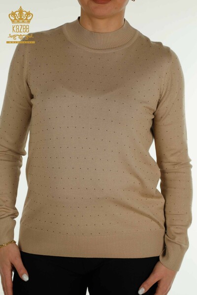 Wholesale Women's Knitwear Sweater Stone Embroidered Beige - 30677 | KAZEE - 2