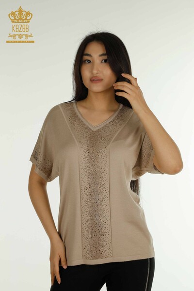 Wholesale Women's Knitwear Sweater Stone Embroidered Beige - 30761 | KAZEE - Kazee