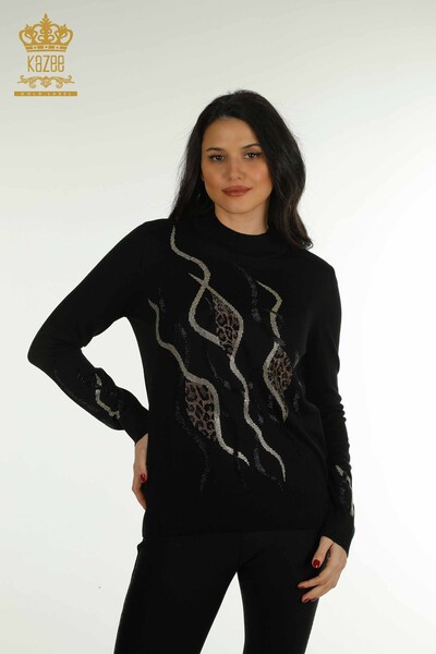 Wholesale Women's Knitwear Sweater Stone Embroidered Black - 30096 | KAZEE 