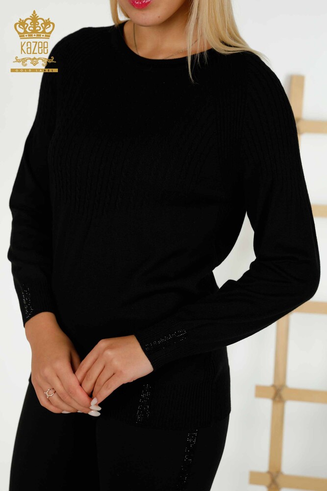 Wholesale Women's Knitwear Sweater - Stone Embroidered - Black - 30104 | KAZEE - 2